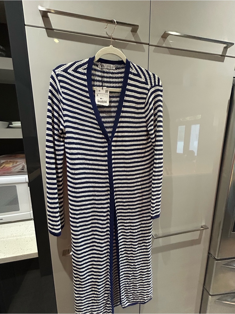 Zara Navy and White Striped Long Cardigan